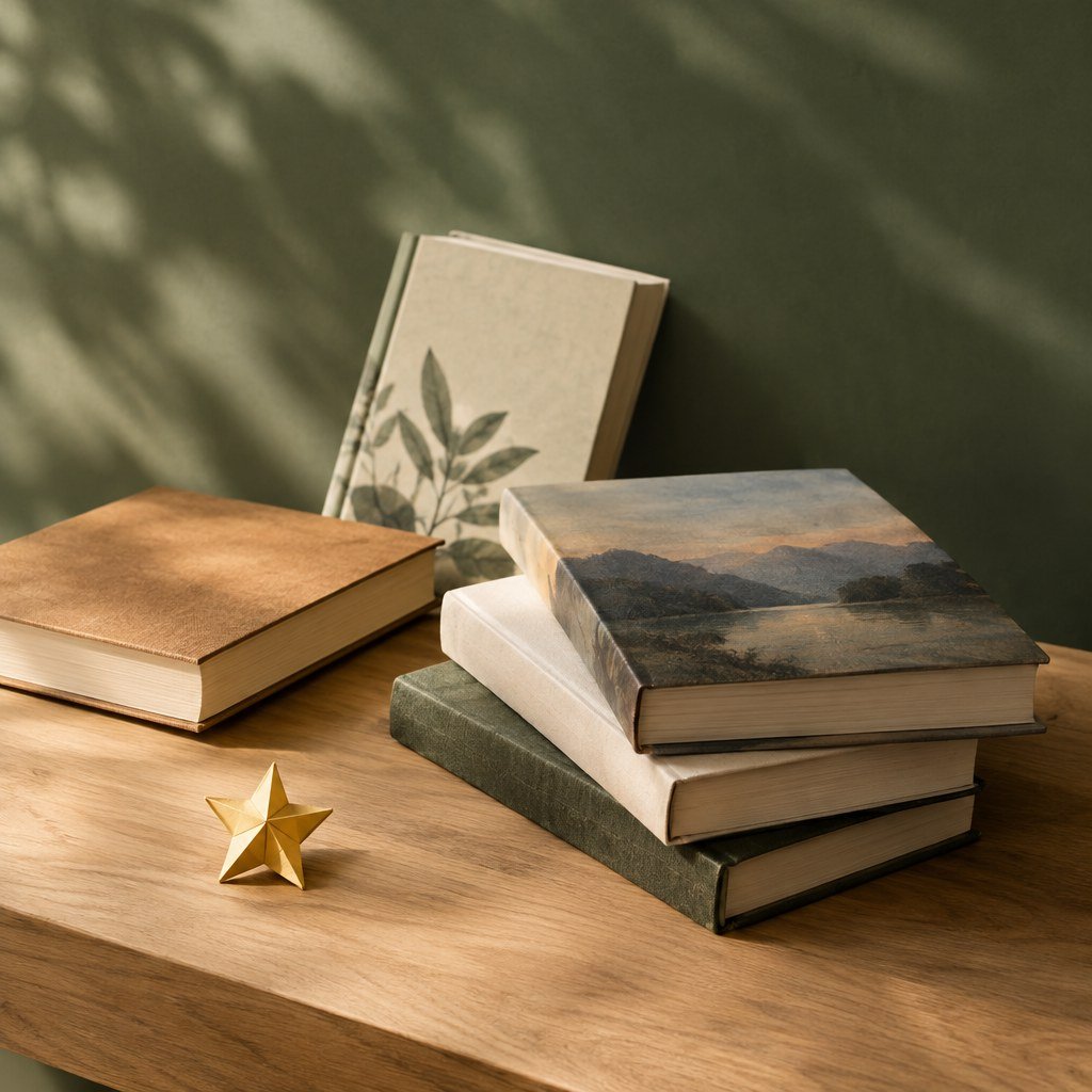 Libros y estrella de papel sobre una mesa